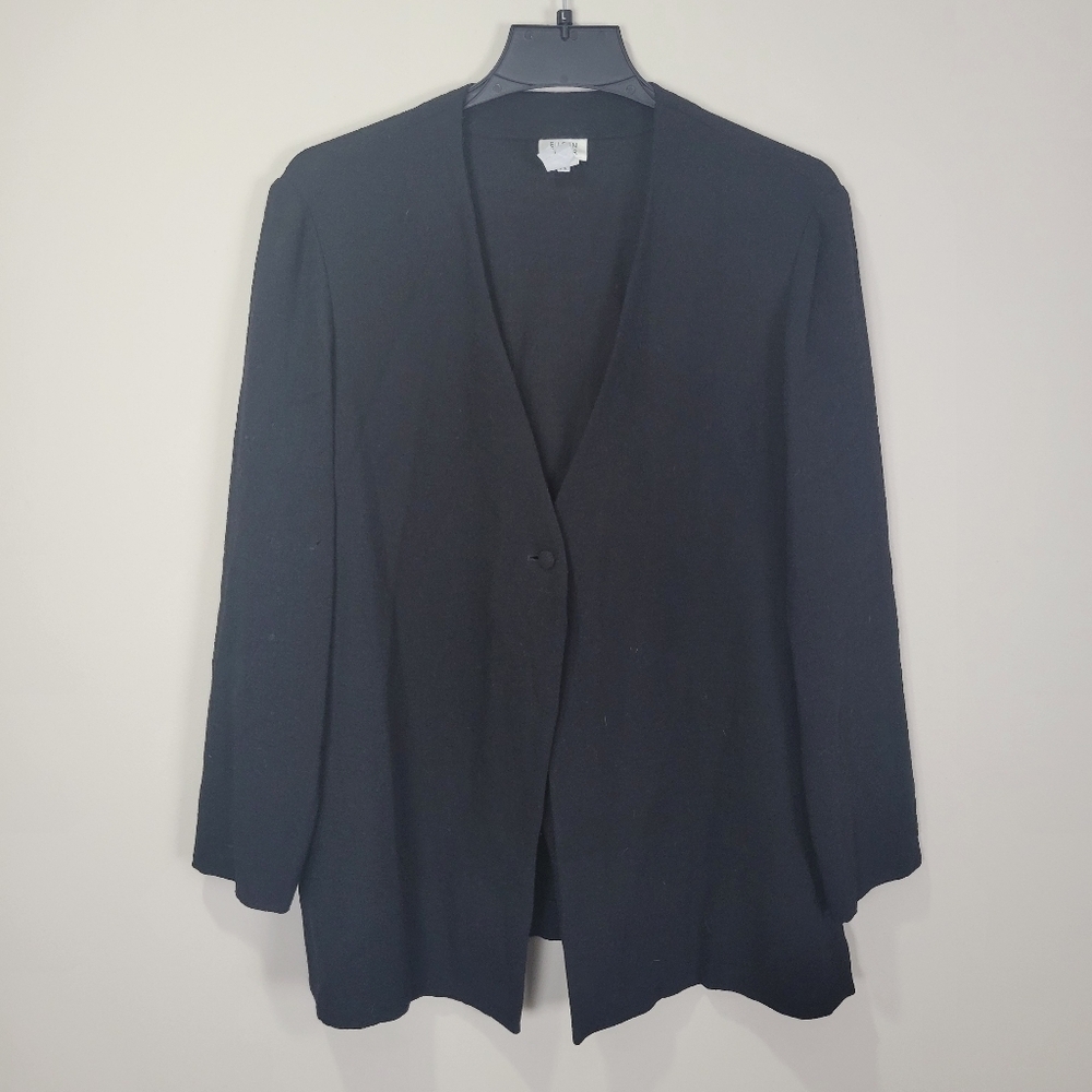 Eileen Fisher 100% Wool Blazer Cardigan Women's Medium Black Open Front Button